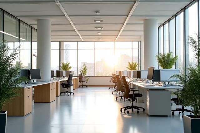 Dalaman pejabat moden dengan pencahayaan semula jadi